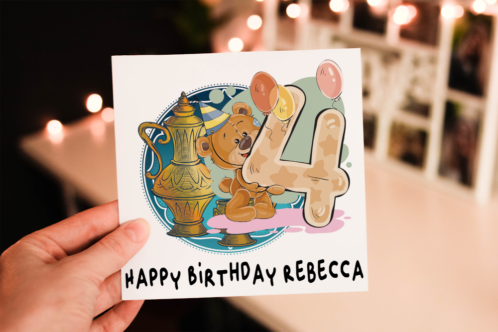 Teddy 4th Birthday Card, Card for 4th Birthday, Birthday Card - Click Image to Close